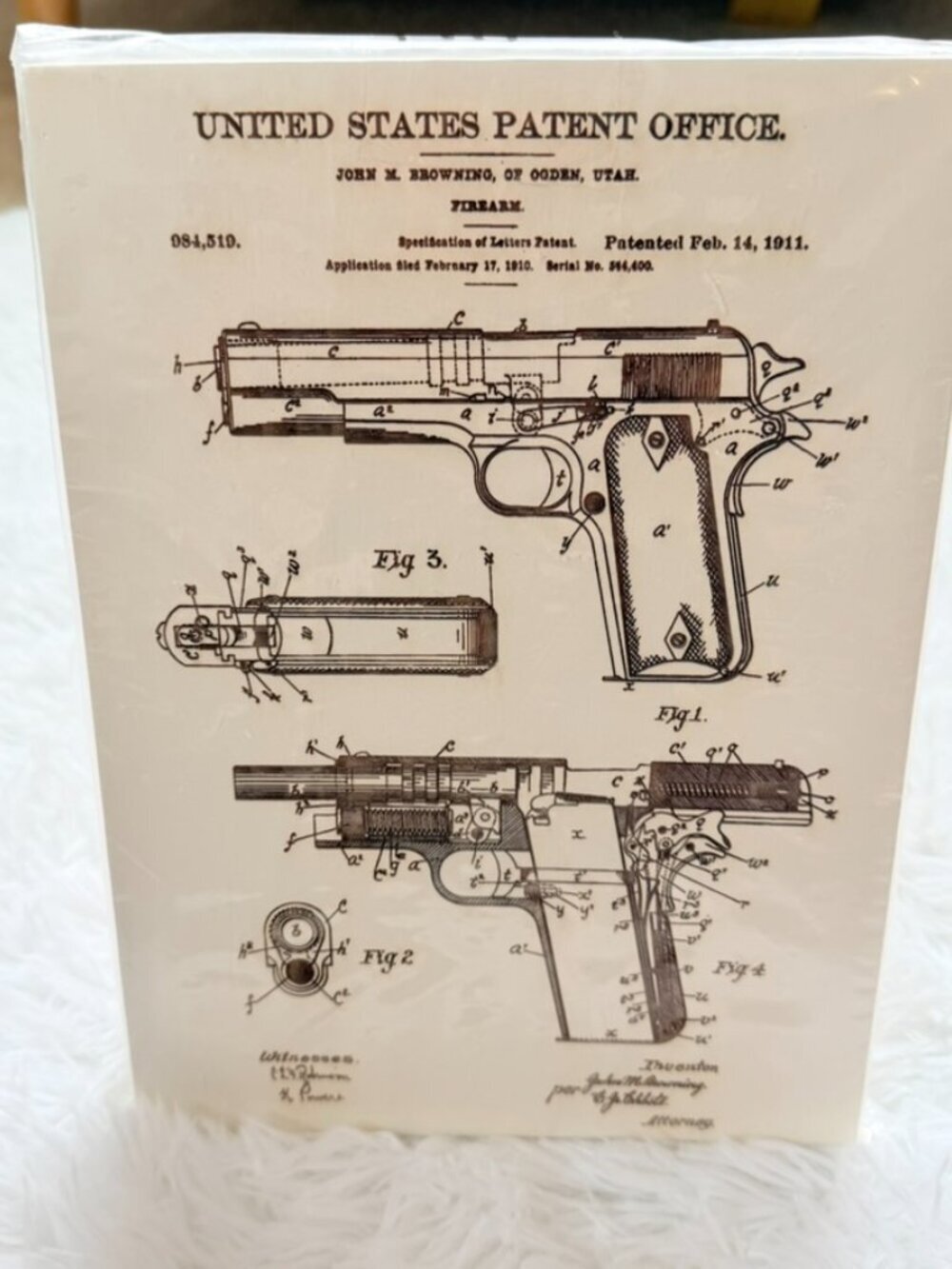 Browning 1911 Patent Print Wood Wall Art Firearm Decor - Picture 2 of 11